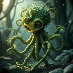 A male vine leshy creature, featuring an alien-like physique composed entirely of lush, green vines that intertwine and twist around each other