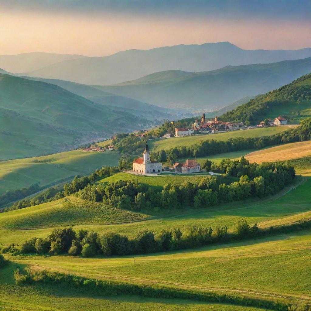 A picturesque landscape of Serbia showing its verdant green fields, cultural landmarks, and traditional architecture against a grand backdrop of mountains tinged with the warm hues of sunset.