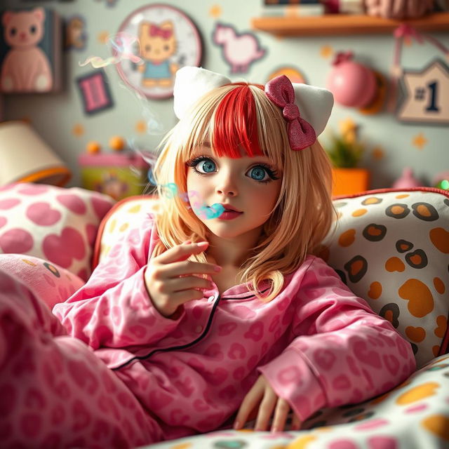 A playful and whimsical scene featuring a Sanrio-inspired character resembling Hello Kitty, styled with dirty blonde hair topped with vibrant red highlights