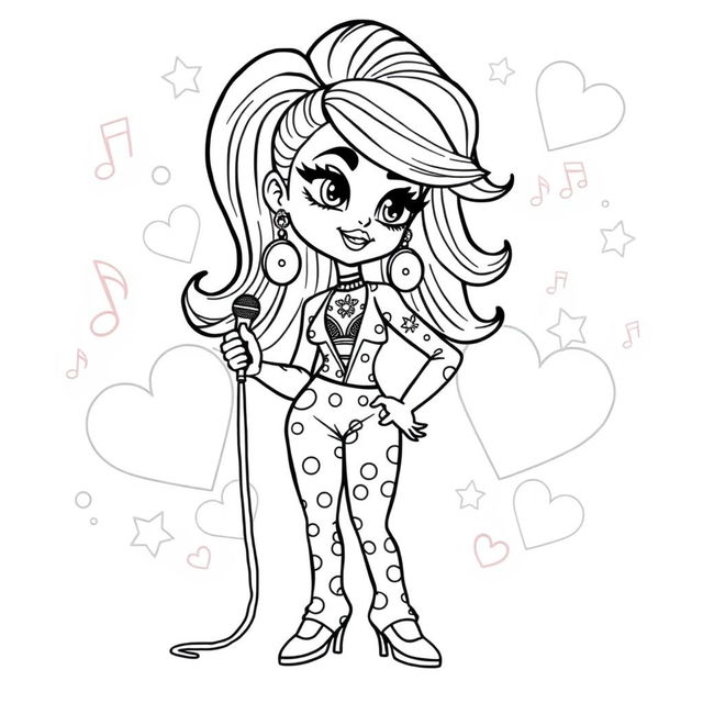 A fun coloring page featuring a cartoon-style illustration of a pop singer inspired by a glamorous aesthetic, reminiscent of famous pop icons