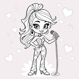 A fun coloring page featuring a cartoon-style illustration of a pop singer inspired by a glamorous aesthetic, reminiscent of famous pop icons