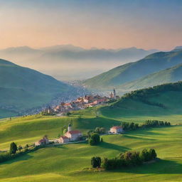 A picturesque landscape of Serbia showing its verdant green fields, cultural landmarks, and traditional architecture against a grand backdrop of mountains tinged with the warm hues of sunset.