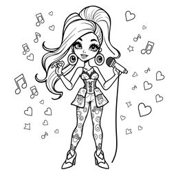 A fun coloring page featuring a cartoon-style illustration of a pop singer inspired by a glamorous aesthetic, reminiscent of famous pop icons