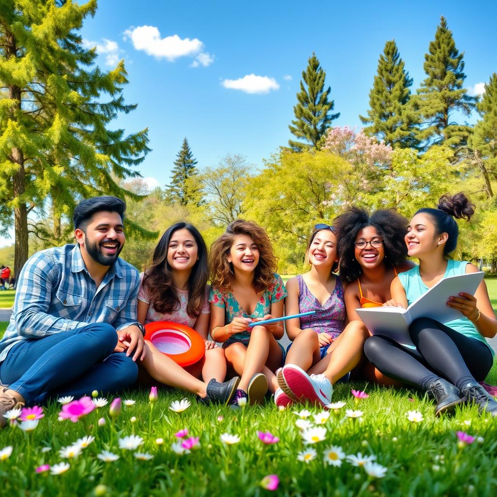 Seven friends enjoying a day in a beautiful park, each with distinct personalities and styles, sharing laughter and joy as they sit on the grass surrounded by blooming flowers