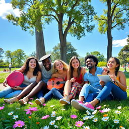 Seven friends enjoying a day in a beautiful park, each with distinct personalities and styles, sharing laughter and joy as they sit on the grass surrounded by blooming flowers