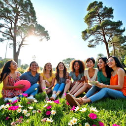 Seven friends enjoying a day in a beautiful park, each with distinct personalities and styles, sharing laughter and joy as they sit on the grass surrounded by blooming flowers