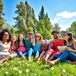 Seven friends enjoying a day in a beautiful park, each with distinct personalities and styles, sharing laughter and joy as they sit on the grass surrounded by blooming flowers