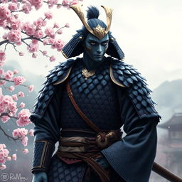 A male kenku samurai adorned in intricate cloth armor, standing in a poised and confident stance