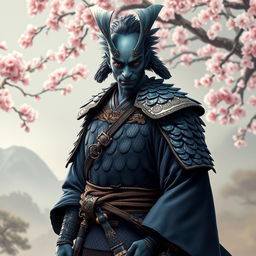 A male kenku samurai adorned in intricate cloth armor, standing in a poised and confident stance