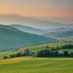 A picturesque landscape of Serbia showing its verdant green fields, cultural landmarks, and traditional architecture against a grand backdrop of mountains tinged with the warm hues of sunset.