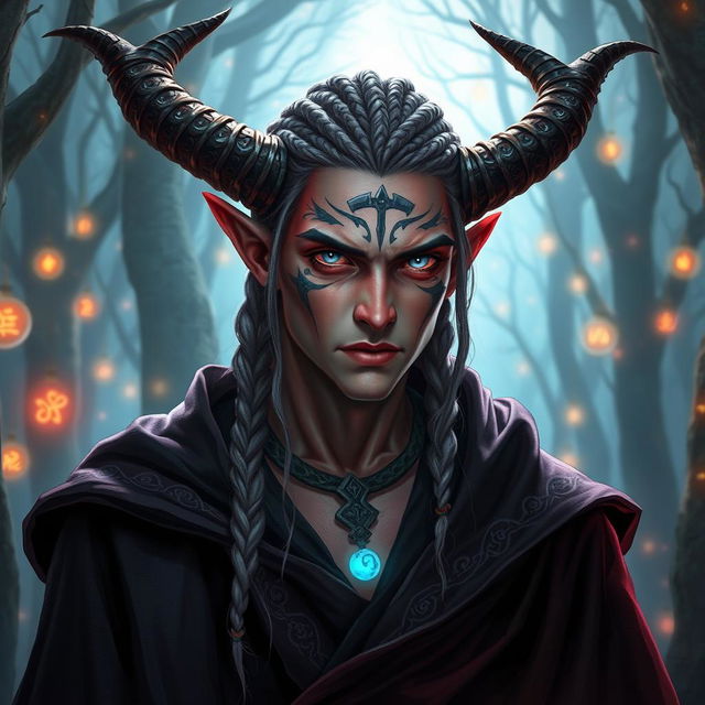 A male tiefling warlock with pale red skin and intricate braids in his hair, featuring striking silver eyes that glimmer with a mystical light