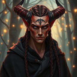 A male tiefling warlock with pale red skin and intricate braids in his hair, featuring striking silver eyes that glimmer with a mystical light