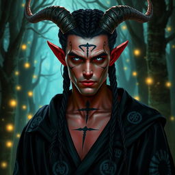 A male tiefling warlock with pale red skin and intricate braids in his hair, featuring striking silver eyes that glimmer with a mystical light