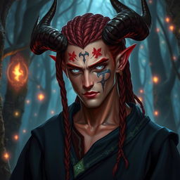 A male tiefling warlock with pale red skin and intricate braids in his hair, featuring striking silver eyes that glimmer with a mystical light