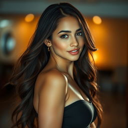 A stunning, attractive young woman with long, flowing hair and captivating eyes, wearing a stylish and form-fitting outfit that accentuates her curves