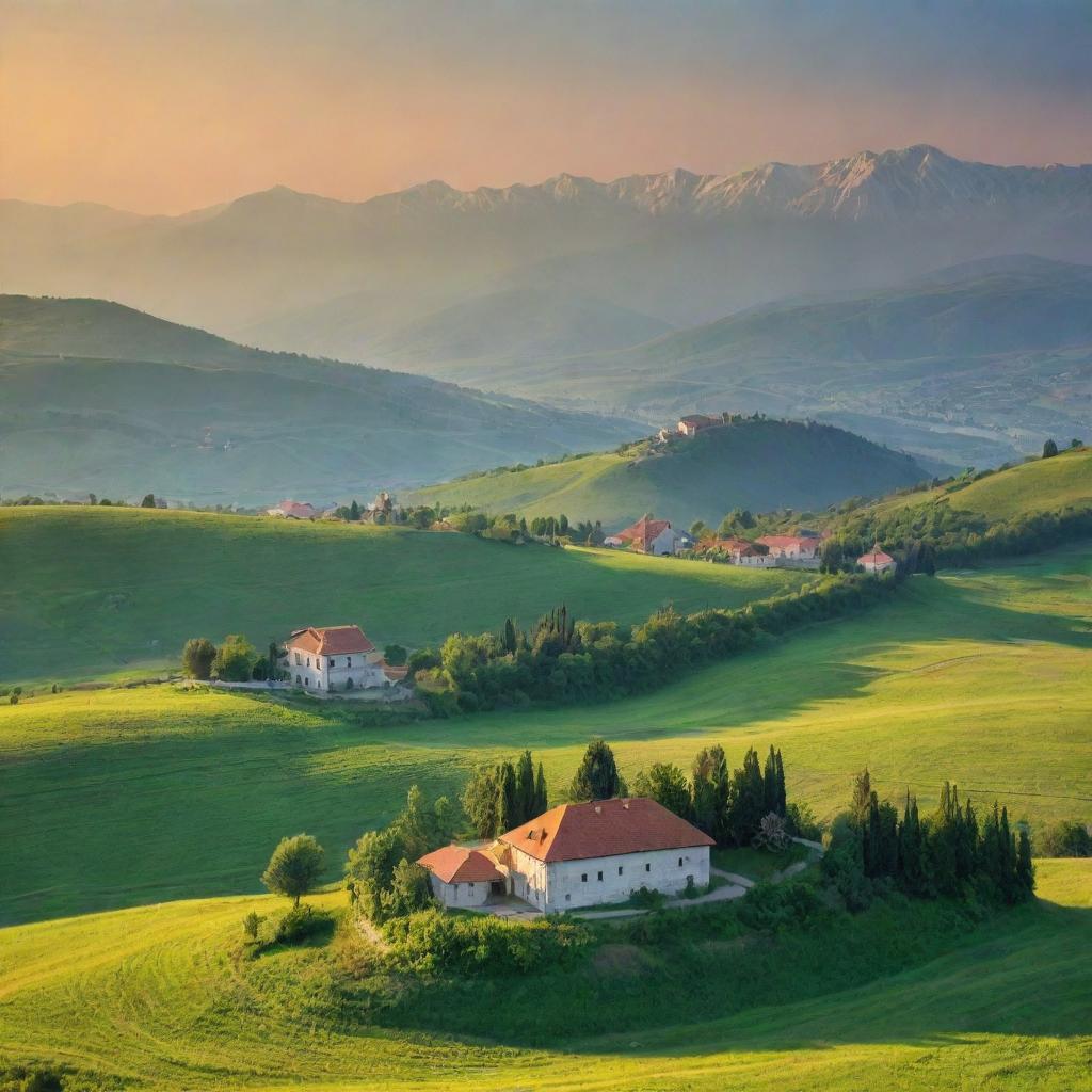 A picturesque landscape of Serbia showing its verdant green fields, cultural landmarks, and traditional architecture against a grand backdrop of mountains tinged with the warm hues of sunset.