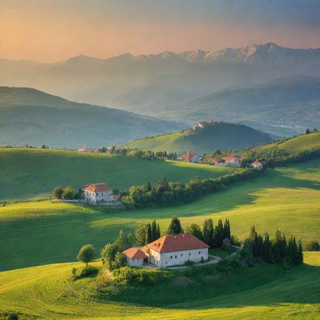 A picturesque landscape of Serbia showing its verdant green fields, cultural landmarks, and traditional architecture against a grand backdrop of mountains tinged with the warm hues of sunset.