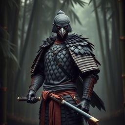 A male black bird samurai standing proudly in traditional cloth armor