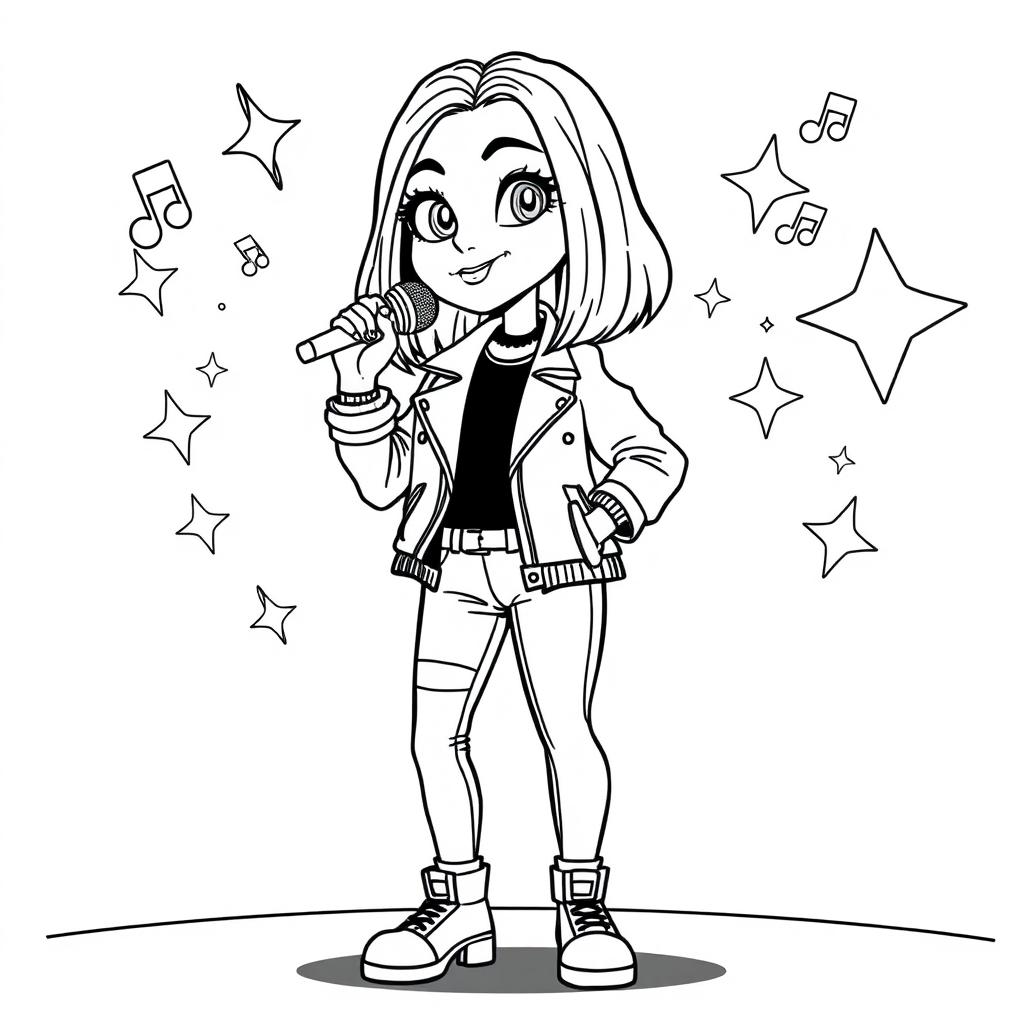 A fun coloring page featuring a cartoon-style interpretation of a pop singer inspired by the iconic look of a famous artist reminiscent of Dua Lipa