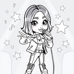 A fun coloring page featuring a cartoon-style interpretation of a pop singer inspired by the iconic look of a famous artist reminiscent of Dua Lipa