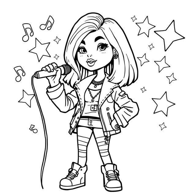 A fun coloring page featuring a cartoon-style interpretation of a pop singer inspired by the iconic look of a famous artist reminiscent of Dua Lipa