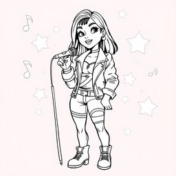 A fun coloring page featuring a cartoon-style interpretation of a pop singer inspired by the iconic look of a famous artist reminiscent of Dua Lipa