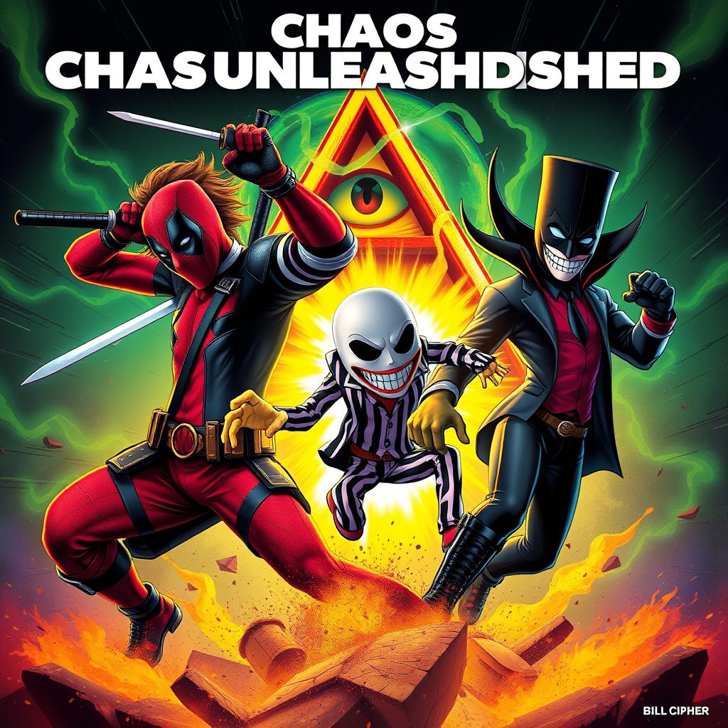 A dynamic and action-packed movie poster titled 'Chaos Unleashed', featuring a crossover of characters from Deadpool, Beetlejuice, The Mask, and Bill Cipher