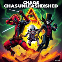 A dynamic and action-packed movie poster titled 'Chaos Unleashed', featuring a crossover of characters from Deadpool, Beetlejuice, The Mask, and Bill Cipher