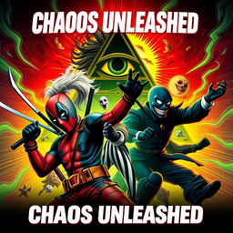 A dynamic and action-packed movie poster titled 'Chaos Unleashed', featuring a crossover of characters from Deadpool, Beetlejuice, The Mask, and Bill Cipher