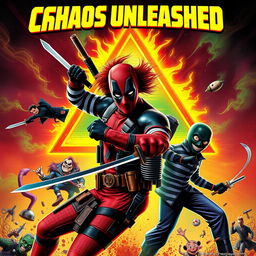 A dynamic and action-packed movie poster titled 'Chaos Unleashed', featuring a crossover of characters from Deadpool, Beetlejuice, The Mask, and Bill Cipher