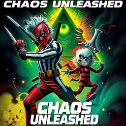 A dynamic and action-packed movie poster titled 'Chaos Unleashed', featuring a crossover of characters from Deadpool, Beetlejuice, The Mask, and Bill Cipher