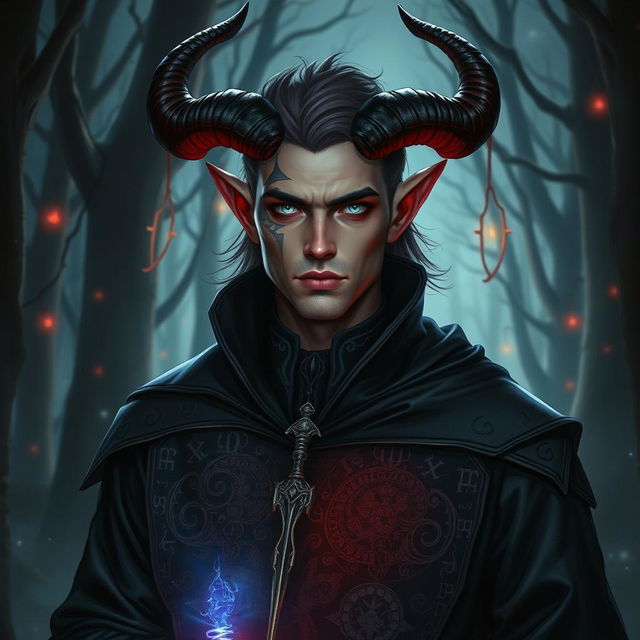 A male tiefling warlock with light red skin and striking silver eyes that lack pupils, giving him an otherworldly appearance