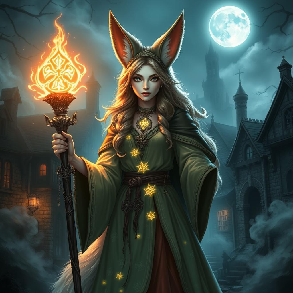 A female kitsune wizard with a human face, blending the traits of a mystical fox with magical elements