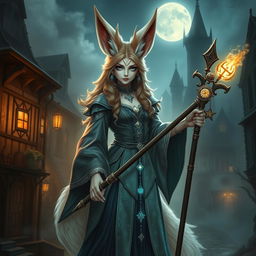 A female kitsune wizard with a human face, blending the traits of a mystical fox with magical elements