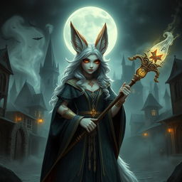 A female kitsune wizard with a human face, blending the traits of a mystical fox with magical elements