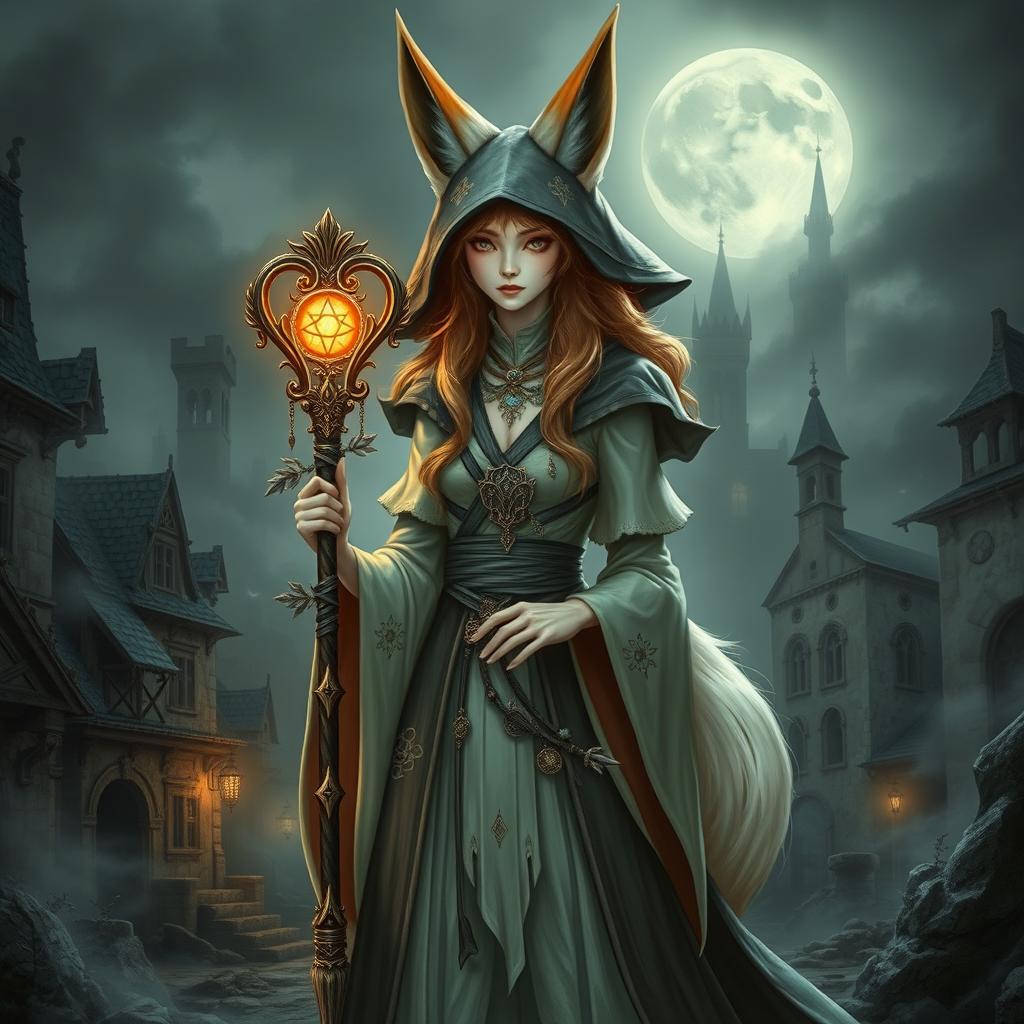 A female kitsune wizard with a human face, blending the traits of a mystical fox with magical elements