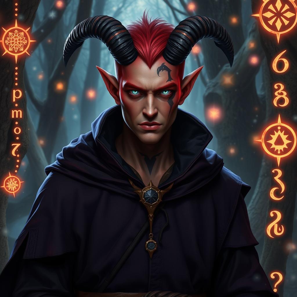 A male tiefling warlock with light red skin and completely silver eyes, exuding an air of mystique