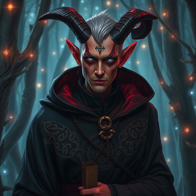 A male tiefling warlock with light red skin and completely silver eyes, exuding an air of mystique