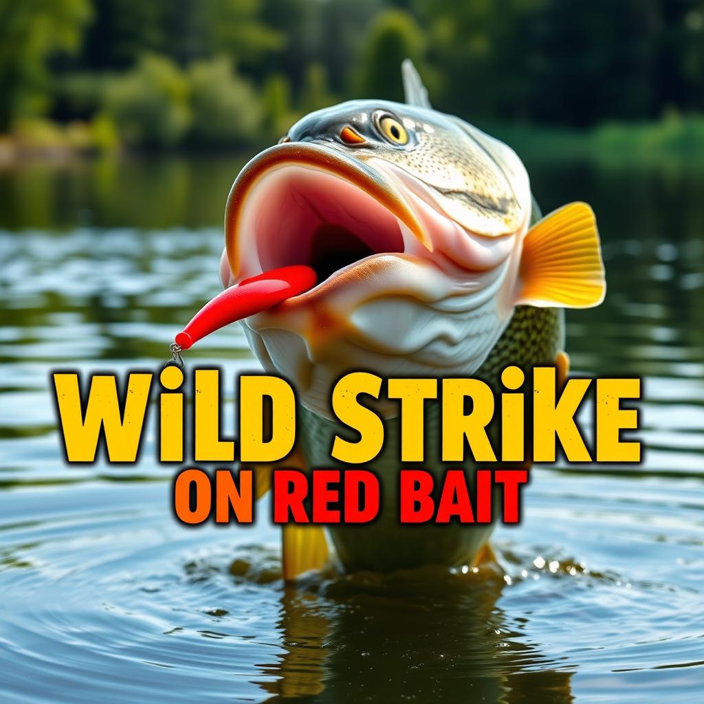 A high-resolution thumbnail capturing a close-up of a large bass aggressively attacking a bright red lure in the water, showcasing the thrill of bass fishing