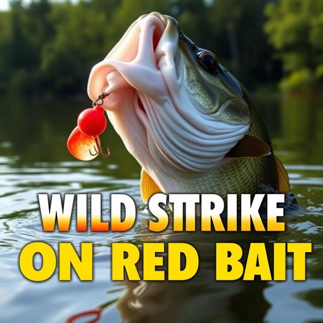 A high-resolution thumbnail capturing a close-up of a large bass aggressively attacking a bright red lure in the water, showcasing the thrill of bass fishing