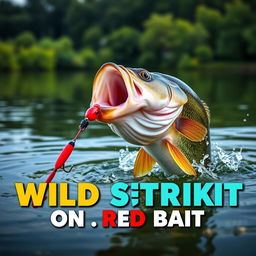 A high-resolution thumbnail capturing a close-up of a large bass aggressively attacking a bright red lure in the water, showcasing the thrill of bass fishing