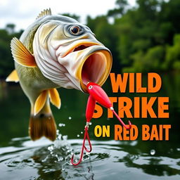 A high-resolution thumbnail capturing a close-up of a large bass aggressively attacking a bright red lure in the water, showcasing the thrill of bass fishing