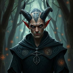 A male tiefling warlock with light red skin and completely silver eyes that lack both sclera and pupils, creating a hauntingly captivating look