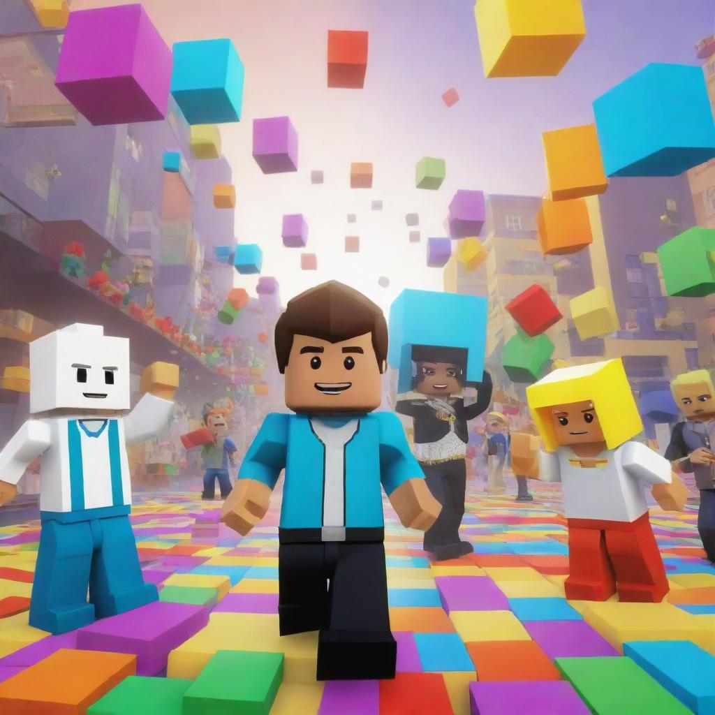 A dynamic, colorful and fun scene straight from the Roblox universe, showcasing characters interacting and creating within a vibrant, block-based virtual world.