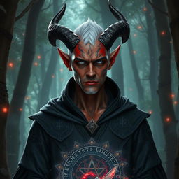 A male tiefling warlock with light red skin and completely silver eyes that lack both sclera and pupils, creating a hauntingly captivating look