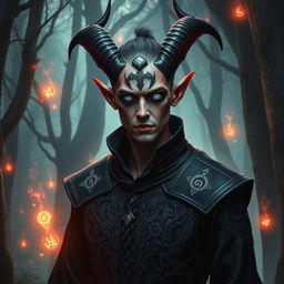 A male tiefling warlock with light red skin and completely silver eyes that lack both sclera and pupils, creating a hauntingly captivating look