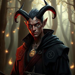 A male tiefling warlock with light red skin and completely silver eyes that lack both sclera and pupils, creating a hauntingly captivating look