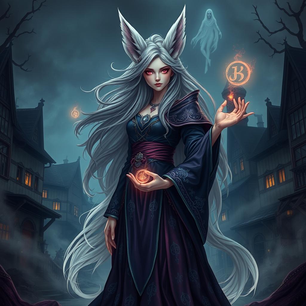 A female kitsune wizard depicted as a striking human with enchanting features and long flowing hair, adorned in mystical robes that shimmer with magic