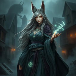 A female kitsune wizard depicted as a striking human with enchanting features and long flowing hair, adorned in mystical robes that shimmer with magic