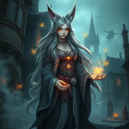 A female kitsune wizard depicted as a striking human with enchanting features and long flowing hair, adorned in mystical robes that shimmer with magic